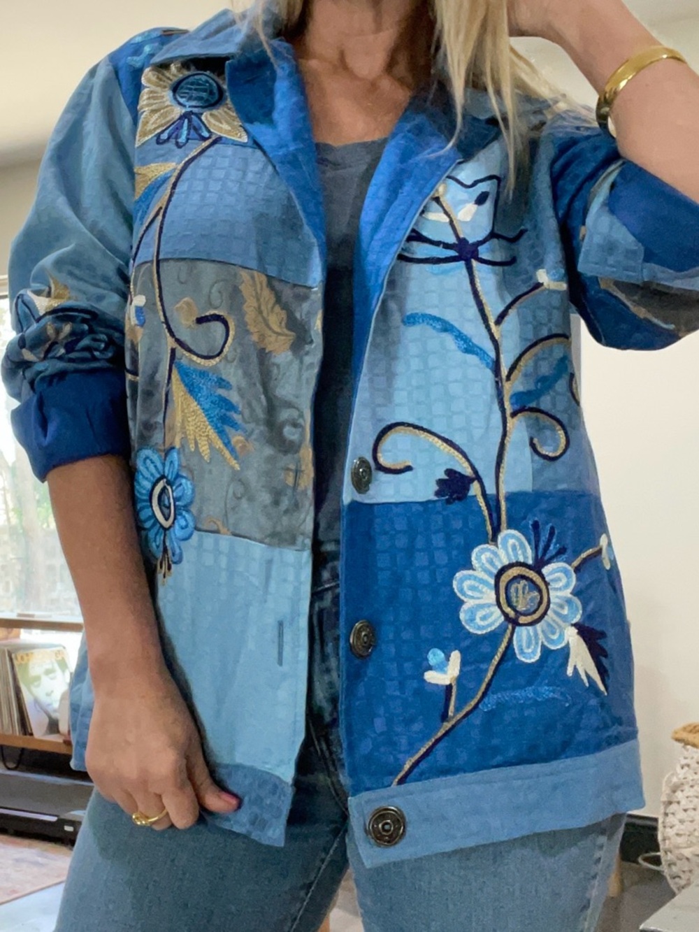 Indigo Moon Embroidered Patchwork Jacket Blue Floral Boho Art To Wear Size S